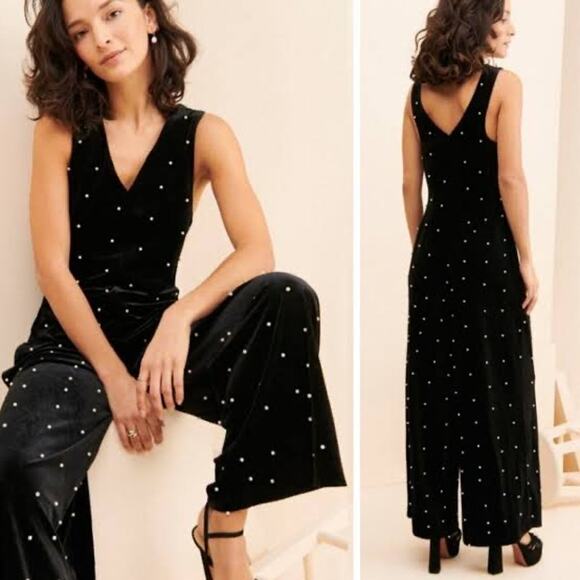 Eva Franco Sz 10 Black Velvet Pearl Embellished Wide Leg V-Neck Party Jumpsuit - Picture 3 of 6